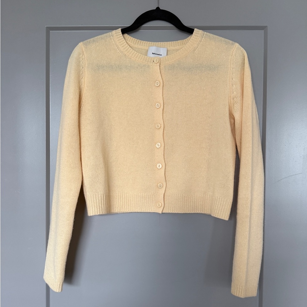 Reformation Clara Cashmere Crew Cardigan in color “Parmesan”
